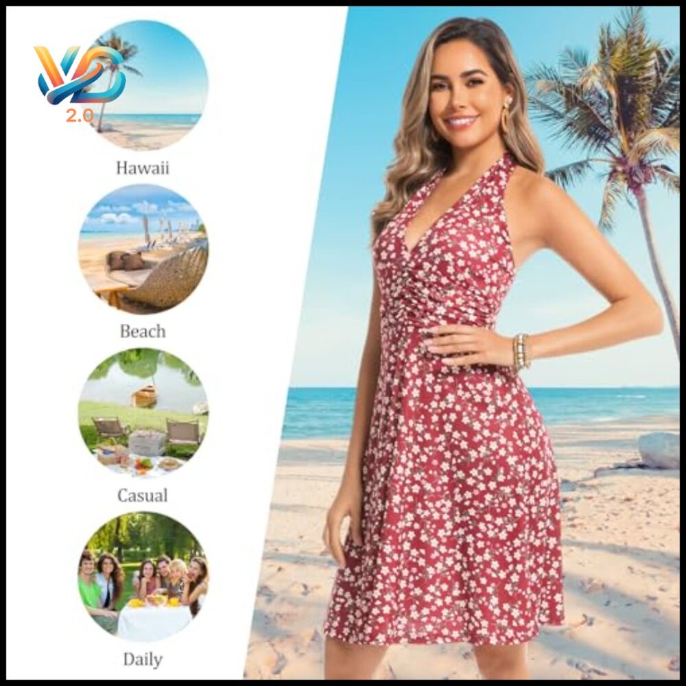 Sleeveless Halter Neck Ruffle Sundress A-Line Summer Beach Dress - Picture 5 of 5